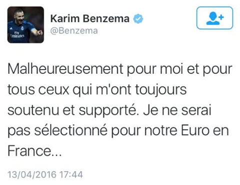 Karim Benzema annonce qu'il ne sera pas sélectionné pour l'Euro